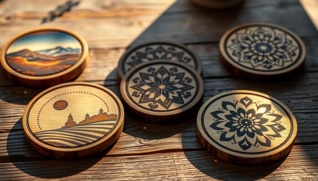 wooden coasters with pyrography designs