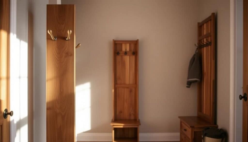 wooden coat racks and hall trees