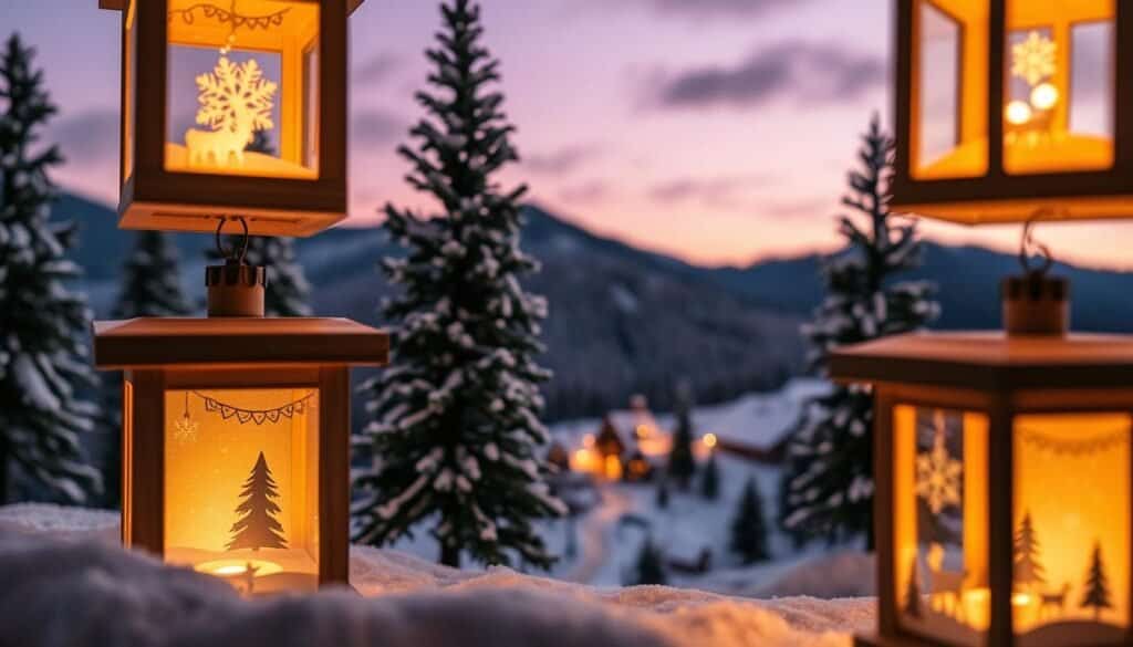 wooden lanterns with miniature winter scenes