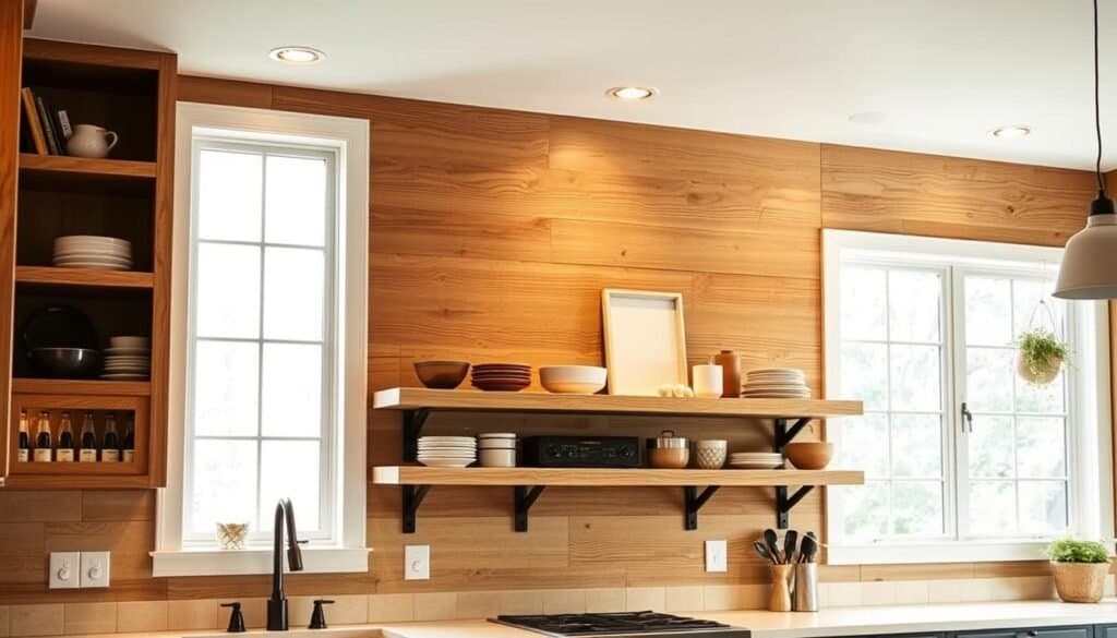 wooden open shelving
