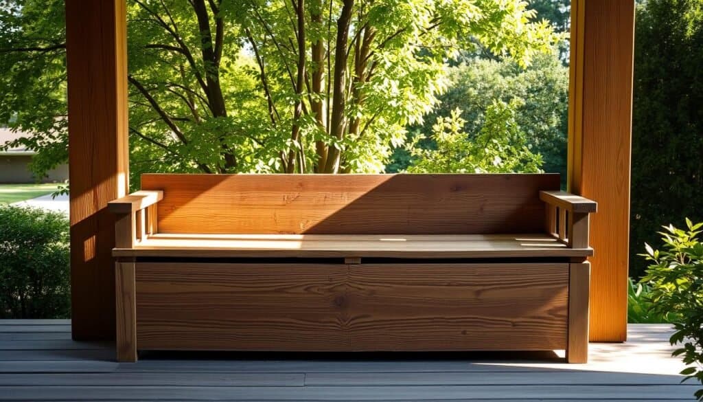 wooden porch bench with storage