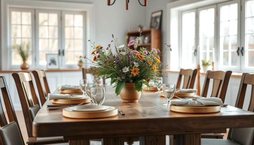 wooden table settings and centerpieces