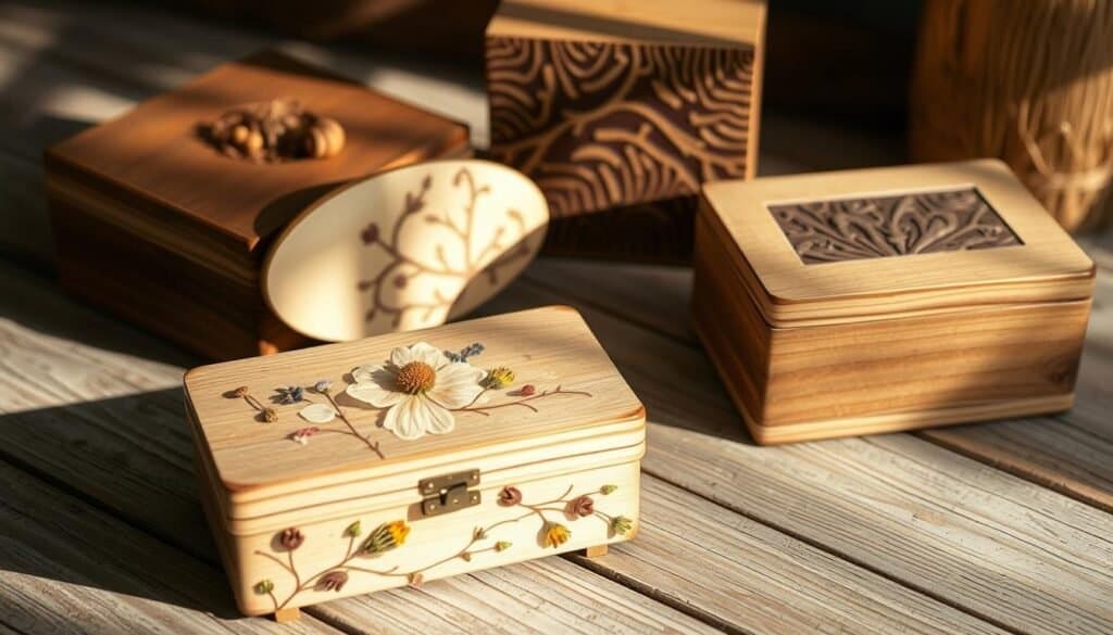 wooden trinket boxes with natural embellishments
