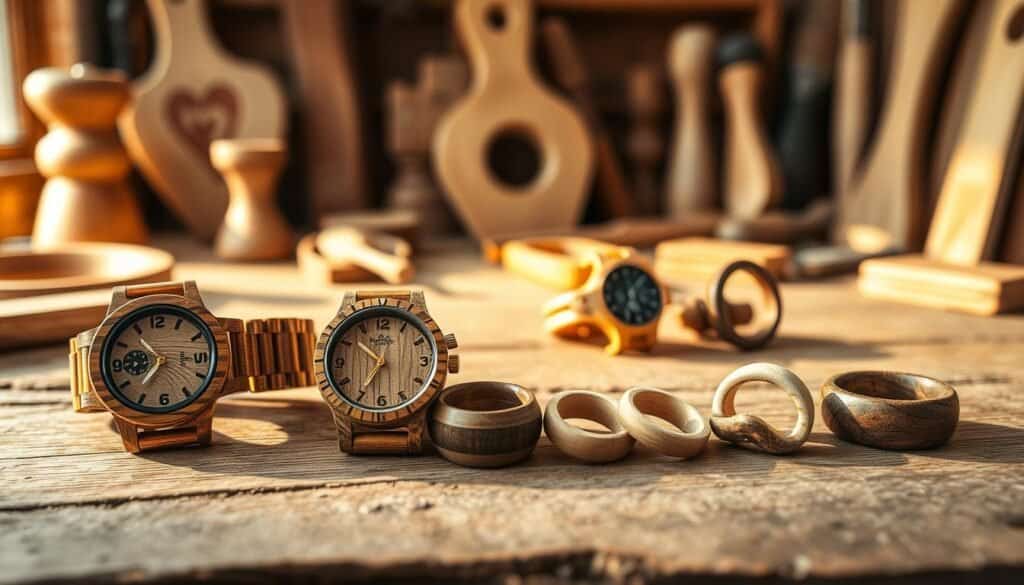 wooden watches and rings
