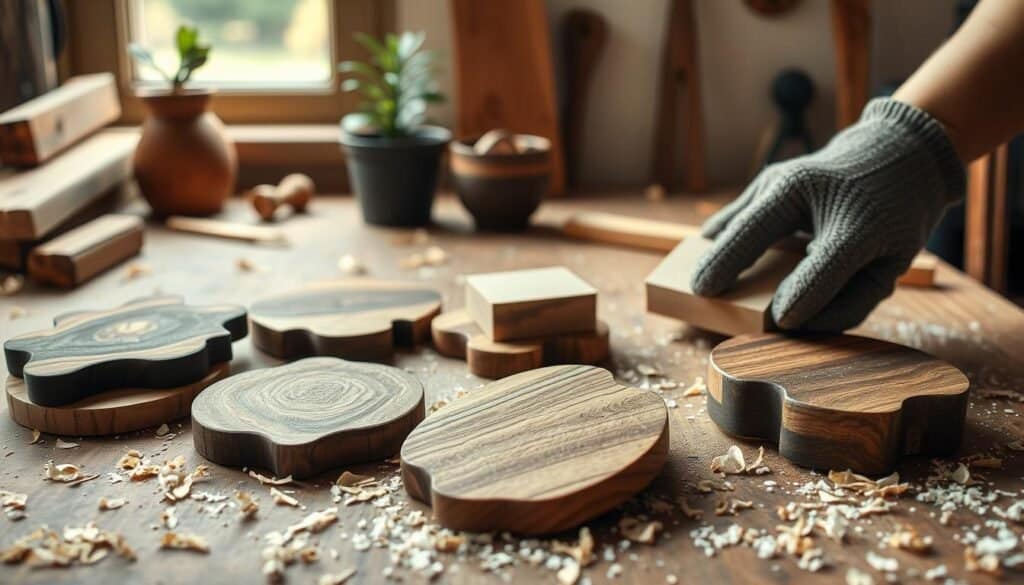 A beautifully arranged still life scene showcasing DIY wooden coasters made from various types of wood, including oak and walnut, with unique grain patterns. In the foreground, focus on a set of completed coasters, each one distinctively shaped, resting on a rustic workbench with wood shavings scattered around to imply recent crafting activity. In the middle, a pair of hands wearing modest work gloves are seen meticulously sanding one of the coasters with a small block of sandpaper. In the background, soft natural light filters through a window, illuminating a small potted plant and a few woodworking tools. The overall mood is warm and inviting, evoking a sense of creativity and pride in craftsmanship. No text or distractions.
