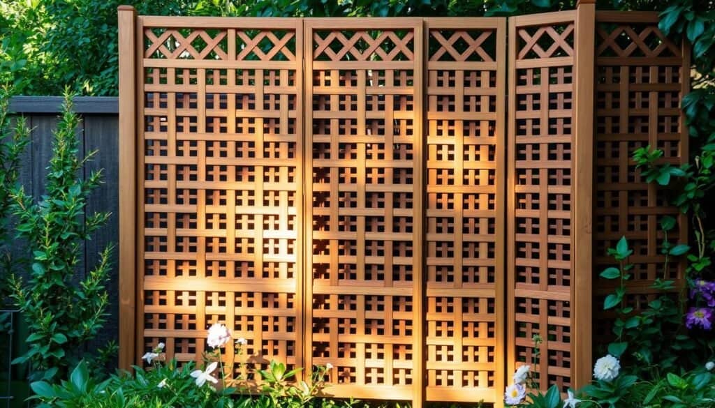 A beautifully crafted, decorative privacy screen composed of intricate wooden lattice panels, artfully arranged in an elegant, symmetrical pattern. The warm, natural wood tones are accentuated by soft, diffused lighting that casts gentle shadows, creating a serene and inviting atmosphere. The screen is positioned in a lush, garden-like setting, surrounded by verdant foliage and accented with delicate floral details. The overall composition exudes a sense of refined sophistication and a touch of whimsy, perfectly complementing the "Styling Your Privacy Screen" section of the DIY Backyard Privacy Screen article.