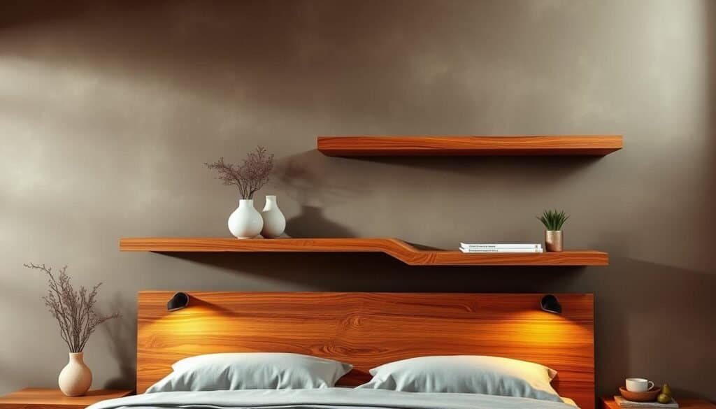A beautifully crafted floating shelf headboard design, with rich, warm-toned wood grains and intricate joinery details. The shelves hover gracefully against a backdrop of muted, earthy tones, creating a serene and inviting atmosphere. Soft, indirect lighting casts gentle shadows, highlighting the natural textures and contours of the wood. The headboard seamlessly integrates storage and style, blending functionality with a touch of rustic elegance. Meticulously arranged decor, such as minimal vases and plants, complement the clean, modern lines of the design, resulting in a harmonious and visually captivating display.