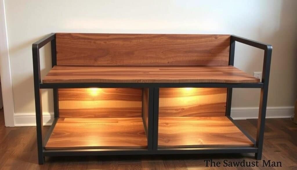 A beautifully crafted metal-framed wood bench with ample storage space, created by The Sawdust Man. The bench features a sturdy metal frame with sleek, modern lines, contrasted by the warm, natural tones of the wooden seat and shelves. The lighting casts a soft, ambient glow, highlighting the intricate woodgrain patterns and the seamless integration of the metal and wood elements. The scene is set in a cozy, well-lit interior, showcasing the bench's versatility as a functional and visually appealing addition to any living space.