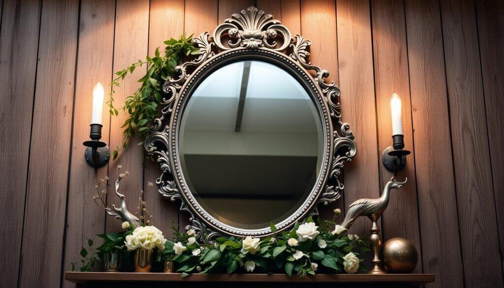 A beautifully crafted, ornate mirror hangs majestically on a rustic, weathered wooden wall, surrounded by a sophisticated arrangement of decorative elements. Cascading greenery, delicate floral accents, and burnished metallic touches adorn the space, creating an inviting and visually captivating focal point. Warm, diffused lighting bathes the scene, accentuating the mirror's reflective surface and the harmonious blend of natural and refined materials. The overall atmosphere conveys a sense of timeless elegance and a touch of whimsical charm, perfectly suited to elevate the ambiance of an entryway.