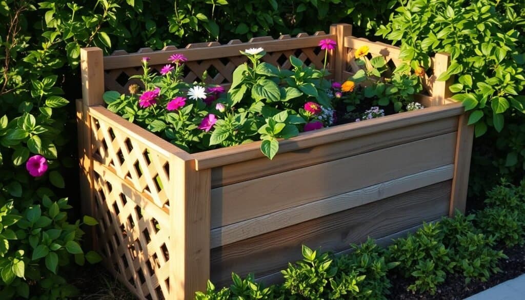A beautifully crafted raised garden bed nestled among lush greenery, its weathered wooden planks and intricate lattice design casting warm shadows in the soft, natural light. The inviting scene features a variety of vibrant flowers and leafy vegetables thriving in the elevated planter, creating a charming and practical addition to any outdoor space. Captured from a slightly elevated angle, the image showcases the thoughtful craftsmanship and meticulous attention to detail that elevates this DIY project, perfectly complementing the rustic, yet refined aesthetic of the surrounding environment.