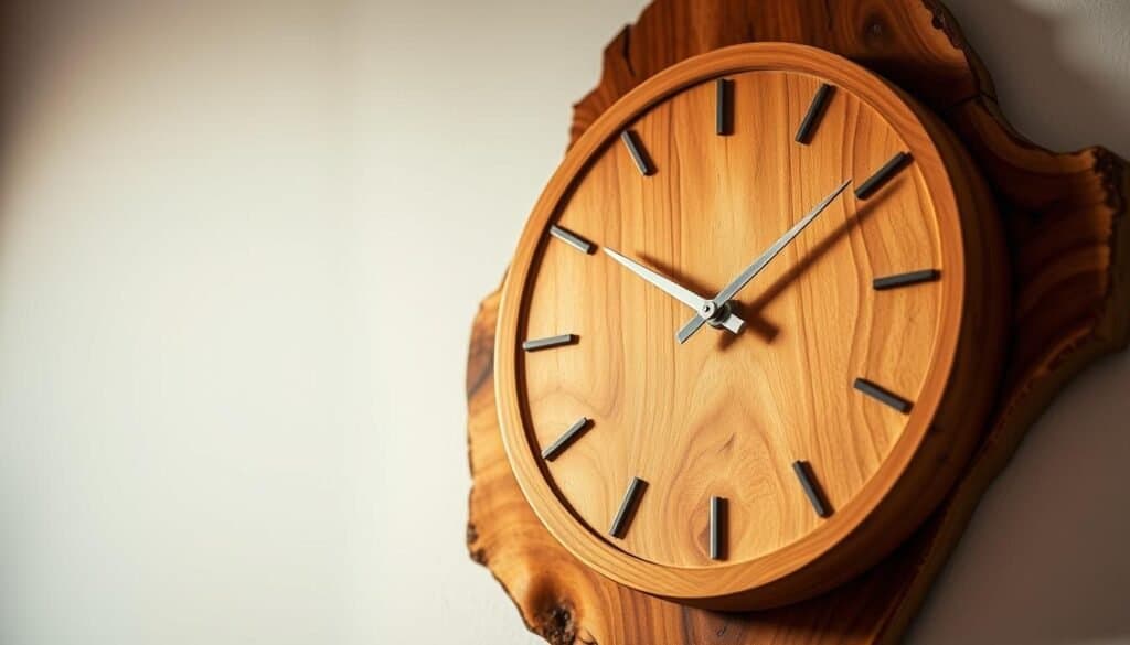 A beautifully crafted, rustic wooden wall clock, its warm, natural grain visible in the soft, directional lighting. The clock face is minimalist, with clean, sleek hands and no distracting numbers or markings. The clock is mounted on a rough-hewn wooden plank, creating a harmonious, handmade aesthetic. In the background, a simple, neutral-toned wall provides a clean, uncluttered backdrop, allowing the craftsmanship of the clock to take center stage. The image conveys a sense of timeless, artisanal charm, perfect for a cozy, inviting space.