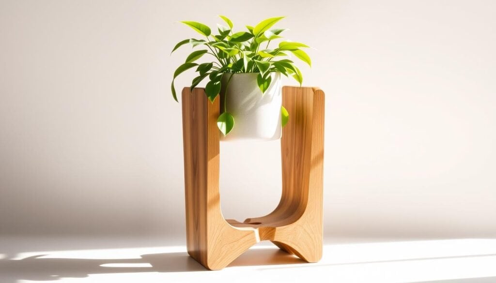 A beautifully crafted, unique plant stand made of natural wood, featuring a sleek, minimalist design with clean lines and a modern aesthetic. The stand is elevated on a sturdy, angled base that adds visual interest and a touch of rustic charm. The wood has a warm, earthy tone and a smooth, polished finish that reflects the light, creating a soft, inviting ambiance. The plant, a lush, verdant specimen, sits atop the stand, its leaves gently swaying in a natural breeze. The scene is bathed in soft, natural lighting, casting subtle shadows and highlighting the intricate details of the woodwork. The overall composition exudes a sense of harmony and tranquility, perfect for elevating the décor and bringing a touch of nature into the space.