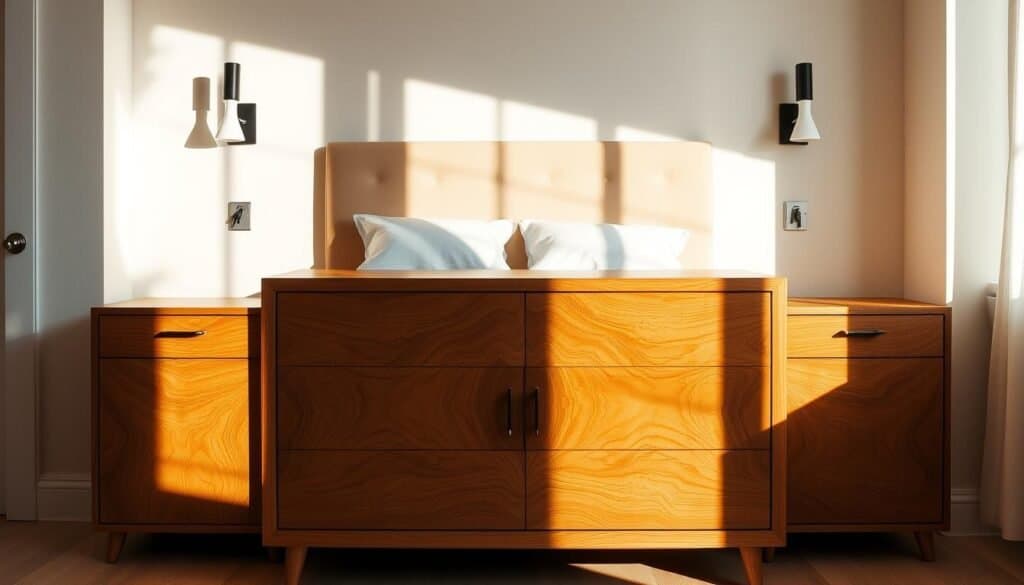 A beautifully crafted wooden dresser stands in a sun-dappled bedroom, its intricate grain and warm tones complementing the neutral color palette. A pair of sleek, minimalist nightstands flank a plush, tufted headboard, creating a harmonious, nature-inspired sanctuary. Soft, diffused lighting from a pair of sconces casts a gentle glow, highlighting the tactile beauty of the wood accents. The scene exudes a sense of tranquility and relaxation, inviting the viewer to imagine the calming, restorative power of natural elements in the personal haven of the bedroom.