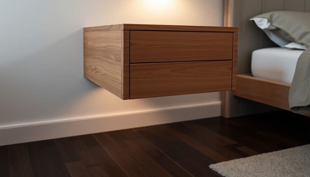 A beautifully crafted wooden floating nightstand, suspended effortlessly above a dark hardwood floor. The nightstand features a smooth, minimalist design with clean lines and a natural grain pattern, showcasing the warmth and beauty of the wood. Soft, diffused lighting from a modern sconce casts a warm glow, highlighting the intricate details and creating a cozy, inviting atmosphere. The nightstand appears to float, defying gravity and adding a touch of whimsy to the serene, sophisticated bedroom setting. The image captures the essence of a stylish, functional floating nightstand that would seamlessly integrate into a variety of interior design aesthetics.