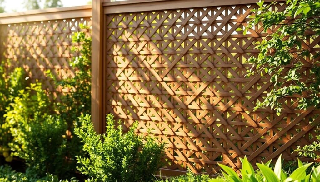 A beautifully crafted wooden lattice screen, its intricate crisscrossing patterns casting delicate shadows across a well-manicured garden. The screen stands tall, its natural tones harmonizing with the lush greenery surrounding it. Warm sunlight filters through the openings, creating a cozy, inviting ambiance. The scene is captured with a shallow depth of field, drawing the viewer's eye to the intricate details of the lattice work. This image showcases a timeless and elegant privacy solution, perfectly suited for the "Lattice and Trellis Privacy Solutions" section of the article.