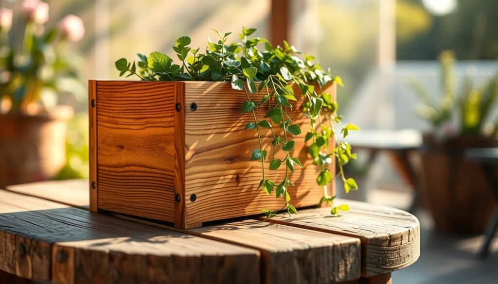 A beautifully crafted wooden planter box sits atop a weathered wooden surface, its smooth, grain-textured walls gently catching the warm, natural lighting. The box is filled with lush, verdant plants cascading over the sides, their delicate leaves and stems creating a soothing, tranquil atmosphere. In the background, a softly blurred natural setting, perhaps a garden or patio, adds to the peaceful, serene ambiance. The entire scene exudes a sense of calm and mindfulness, inviting the viewer to pause, appreciate the simple beauty of a handcrafted wooden planter and the nourishing nature it contains. A beautifully crafted wooden planter box sits atop a weathered wooden surface, its smooth, grain-textured walls gently catching the warm, natural lighting. The box is filled with lush, verdant plants cascading over the sides, their delicate leaves and stems creating a soothing, tranquil atmosphere. In the background, a softly blurred natural setting, perhaps a garden or patio, adds to the peaceful, serene ambiance. The entire scene exudes a sense of calm and mindfulness, inviting the viewer to pause, appreciate the simple beauty of a handcrafted wooden planter and the nourishing nature it contains.