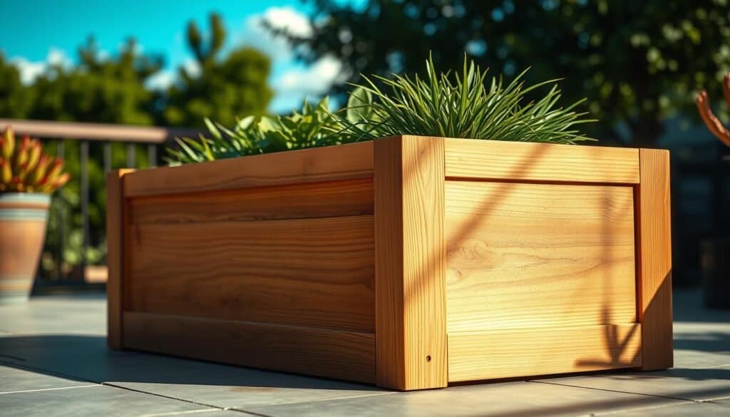 A beautifully crafted wooden planter box sits on a sun-dappled patio, its clean lines and natural finish complementing the lush greenery within. The box is made of smooth, weathered oak planks, expertly joined to create a sturdy, rectangular structure. The front panel features a subtle, decorative pattern carved into the wood, adding a touch of elegance. Warm, diffused lighting casts soft shadows, highlighting the grain and texture of the wood. The planter is positioned in the foreground, drawing the eye, with a blurred, natural background of verdant foliage and a cloudless, azure sky beyond, conveying a sense of tranquility and harmony. A beautifully crafted wooden planter box sits on a sun-dappled patio, its clean lines and natural finish complementing the lush greenery within. The box is made of smooth, weathered oak planks, expertly joined to create a sturdy, rectangular structure. The front panel features a subtle, decorative pattern carved into the wood, adding a touch of elegance. Warm, diffused lighting casts soft shadows, highlighting the grain and texture of the wood. The planter is positioned in the foreground, drawing the eye, with a blurred, natural background of verdant foliage and a cloudless, azure sky beyond, conveying a sense of tranquility and harmony.