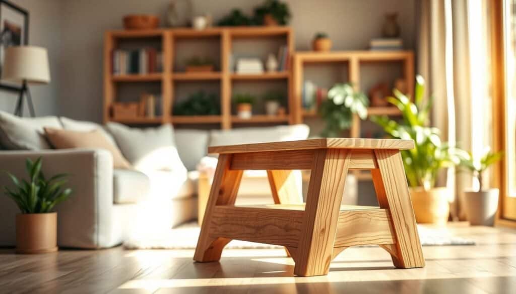 A beautifully crafted wooden step stool, featuring a natural wood finish with visible grain patterns, placed in a well-lit, warmly decorated home setting. In the foreground, the step stool is centered, showcasing its sturdy design and smooth edges. In the middle ground, a cozy living room environment with soft, neutral-toned furnishings and potted plants creates an inviting atmosphere. Warm sunlight filters through a nearby window, casting gentle shadows that highlight the stool's texture. The background features soft bokeh elements, such as a bookshelf filled with books and decorative items, enhancing the focus on the stool. The overall mood is uplifting and inspiring, encouraging creativity and pride in DIY projects.