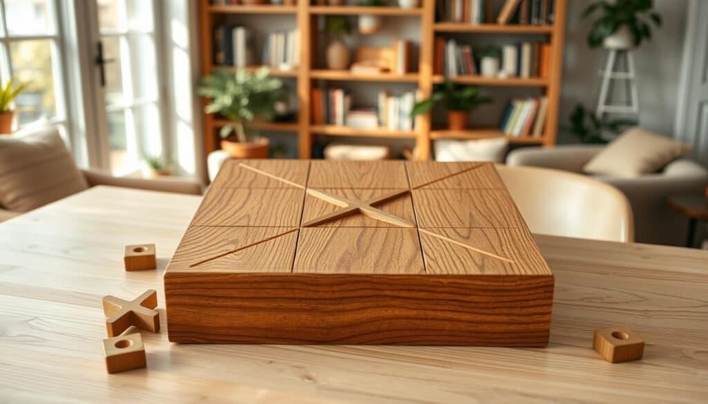 A beautifully crafted wooden tic-tac-toe board, featuring a deeply grained oak finish with a rustic charm. The board is square, with clearly defined grid lines, and it is surrounded by handcrafted wooden pieces - X's and O's in a natural wood tone. In the foreground, the board is placed on a light-colored farmhouse table, showcasing its craftsmanship. Soft, warm natural lighting filters in from a nearby window, casting gentle shadows that enhance the textures of the wood. The background consists of a cozy, inviting living room scene with shelves filled with books and greenery, evoking a comfortable, creative atmosphere. The image captures a moment of relaxation and nostalgia, perfect for illustrating a quick and enjoyable wood project.
