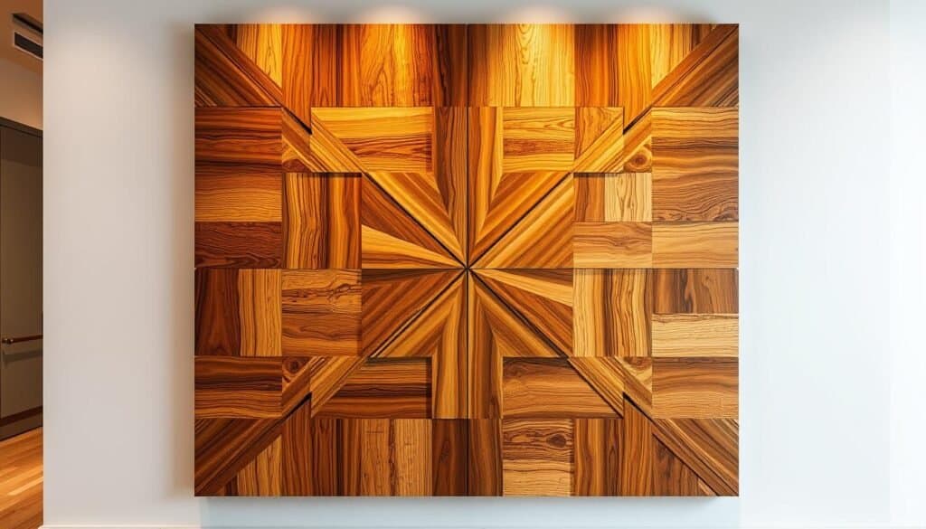 A beautifully crafted wooden wall art piece, featuring intricate geometric patterns and a natural, rustic charm. The wooden panels are arranged in a visually striking composition, with varying shades and grains of the wood creating a mesmerizing textural contrast. Warm, soft lighting casts a gentle glow, highlighting the depth and character of the wood. The artwork is displayed in a well-lit, minimalist interior setting, allowing the beauty of the handcrafted piece to take center stage. Realistic, high-quality details showcase the skilled craftsmanship and attention to detail. An elegant, sophisticated, and timeless design that would seamlessly complement any modern or traditional home decor.