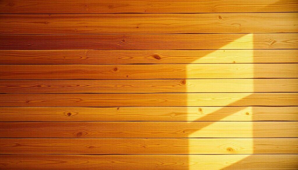 A beautifully weathered wooden wall in warm, golden tones, featuring a visually striking, asymmetrical pattern of horizontal and vertical planks. The texture of the wood is rich and tactile, with knots, grains, and subtle imperfections adding character. Soft, diffused lighting from an unseen window creates a cozy, inviting atmosphere, casting gentle shadows that accentuate the depth and dimension of the wooden surface. The wall fills the frame, creating a serene, minimalist backdrop that would perfectly complement a small, artfully styled kitchen shelf.