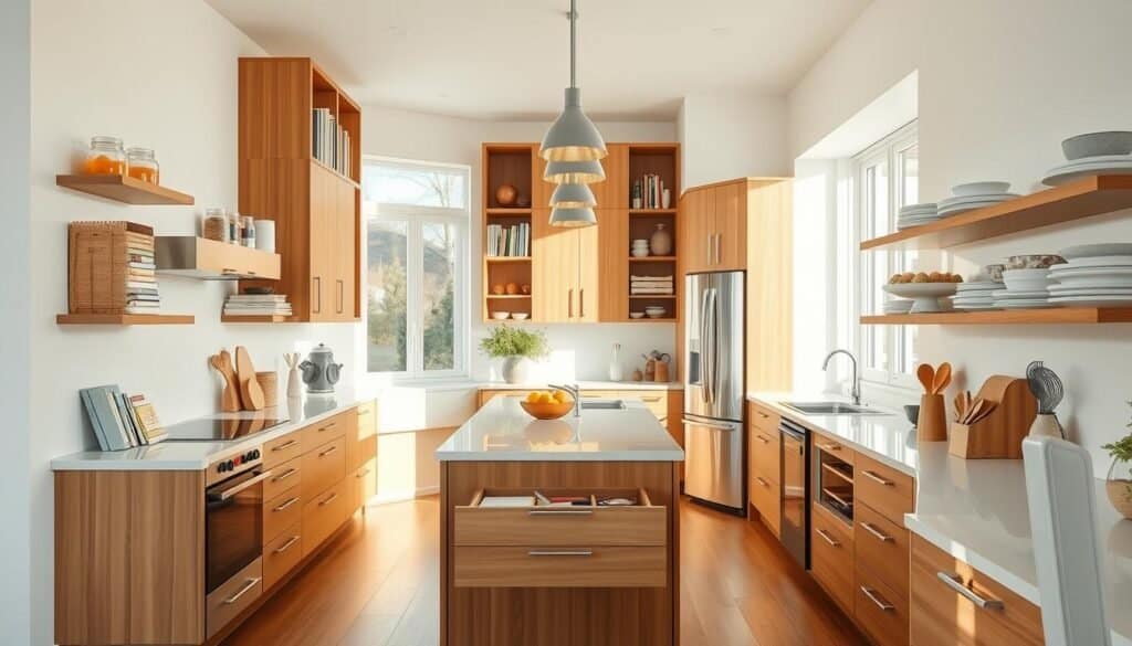 A bright, airy kitchen with clean lines and organized storage solutions. Wooden cabinets and shelves line the walls, neatly displaying a curated collection of cookbooks, jars, and utensils. Sunlight filters in through large windows, casting a warm glow over the space. Stainless steel appliances gleam, integrated seamlessly into the minimalist design. Countertops are clear and uncluttered, inviting culinary exploration. Sleek drawers and pull-out trays provide ample space for neatly organizing spices, cutlery, and baking supplies. An island in the center offers additional prep space and storage, with modern pendant lights overhead. The overall atmosphere is one of calm, efficiency, and inspiration - a kitchen ready to spark the joy of cooking.