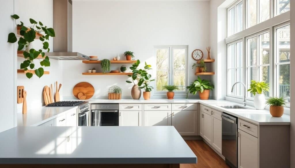 A bright, airy kitchen with natural light flooding through large windows. The countertops are a soft, soothing blue that complements the light gray cabinets. Warm wood accents, such as a stylish dining table and floating shelves, add depth and character. Leafy potted plants on the windowsill bring a touch of lush greenery. Sleek, stainless steel appliances gleam against the light-colored walls. The overall atmosphere is one of calm, inviting warmth, perfect for reviving your cooking mojo.