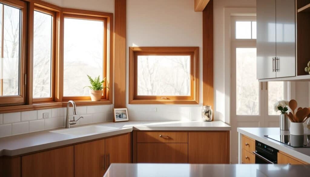 A bright, airy kitchen with warm wooden accents and natural light streaming in through large windows. A small potted plant on the windowsill, a vase of fresh flowers on the countertop, and a few carefully curated kitchen accessories add pops of color and personality. The backsplash features a simple, elegant tile pattern that complements the clean, modern cabinetry. The overall atmosphere is one of calm, inviting inspiration - a space that encourages creativity and enjoyment in the culinary process.