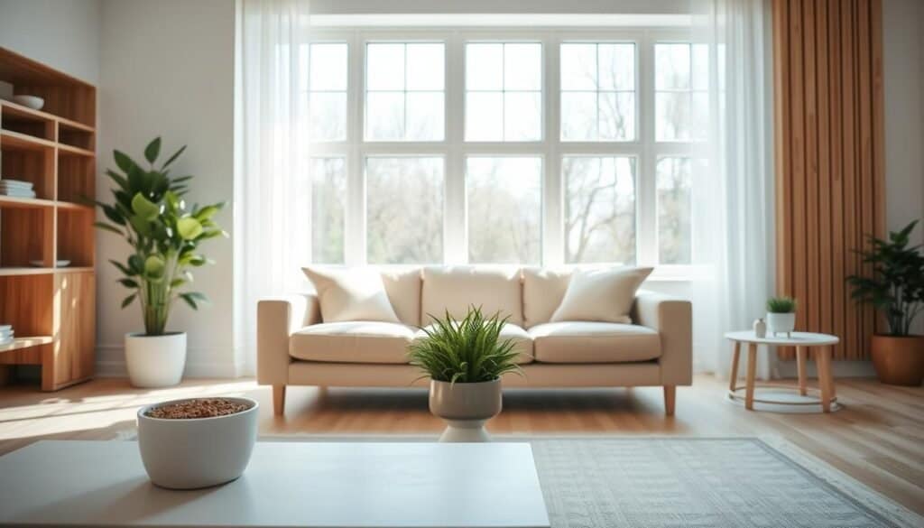 A bright, airy living room with a neutral color palette and natural wood accents. In the foreground, a sleek, modern coffee table displaying a lush, green potted plant. Midground features a plush, beige couch accompanied by a pair of minimalist side tables, each adorned with a small potted succulent. The background showcases large windows allowing ample natural light to filter in, casting a warm, inviting glow. The room's overall atmosphere is one of tranquility and simplicity, promoting a sense of calm and balance.