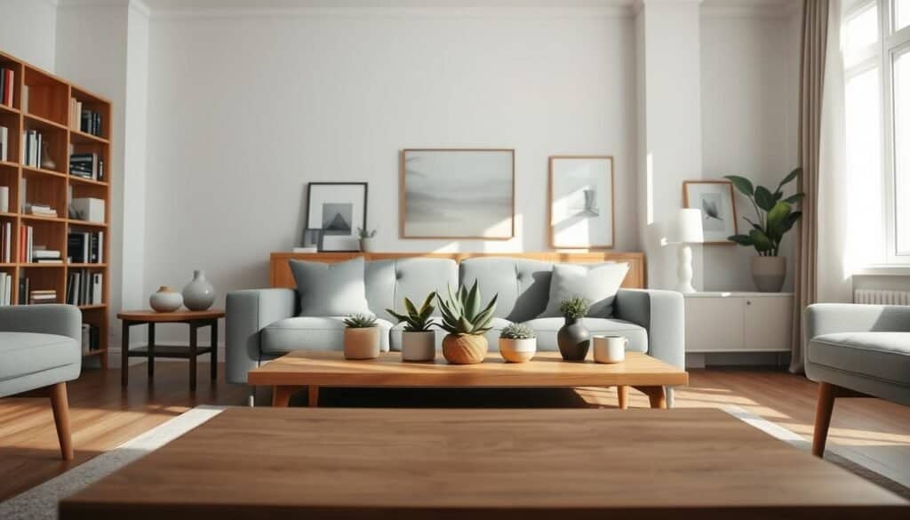 A bright, airy living room with natural light streaming through large windows. On a wooden coffee table, an arrangement of calming plants, a succulent, and a few decorative objects. Bookshelves line the walls, neatly organized with books, framed artwork, and minimalist trinkets. A plush gray sofa takes center stage, flanked by cozy armchairs. The space feels serene and uncluttered, with a focus on clean lines and natural materials. The camera angle is slightly elevated, capturing the room's harmonious layout and soothing atmosphere.
