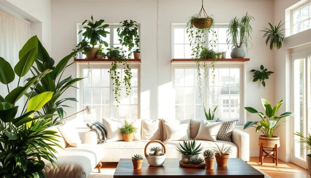 A bright and inviting living room with a variety of lush, thriving houseplants artfully arranged throughout. Large, leafy floor plants in the corners, trailing vines cascading from floating shelves, and potted succulents dotting the coffee table. Soft, natural lighting filters in through large windows, casting a warm, earthy glow across the space. The plants create a serene, nature-inspired atmosphere, seamlessly blending the indoors and outdoors. Carefully composed to balance form and function, this living room showcases how thoughtful plant placement can elevate a space and bring a sense of tranquility.