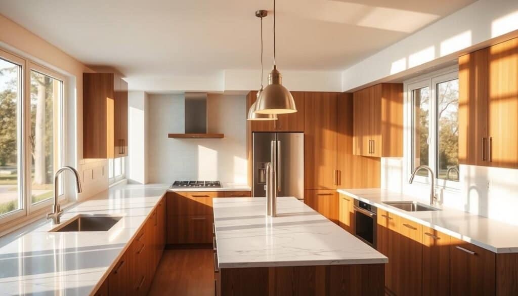 A bright, well-lit kitchen with natural lighting streaming through large windows, casting a warm glow across the modern, minimalist design. Sleek pendant lights hang above a central island, illuminating the clean marble countertops and stainless steel appliances. Wooden cabinetry lines the walls, complemented by strategic task lighting underneath, creating a cozy and inviting atmosphere. The scene is captured from a slightly elevated angle, highlighting the cohesive and harmonious flow of the space. Subtle reflections on the surfaces add depth and dimension, while the overall lighting scheme exudes a sense of culinary inspiration and creativity.