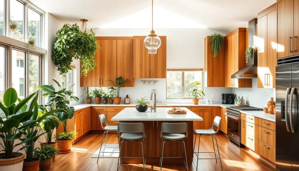 A bright, well-lit kitchen with natural sunlight streaming through large windows, highlighting the warm-toned wooden cabinets and countertops. A central island with a marble surface, surrounded by modern barstools. Lush potted plants and greenery scattered throughout, creating a sense of liveliness. Sleek stainless steel appliances, complemented by brass accents and pendant lighting. The overall atmosphere is inviting, inspiring, and conducive to culinary creativity.