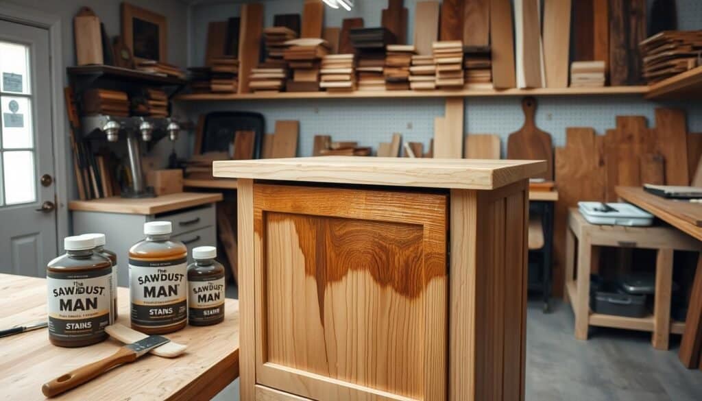 A bright, well-lit workshop with a sturdy workbench and various woodworking tools, including The Sawdust Man brand stains and brushes. In the foreground, a natural wood furniture piece, such as a side table or cabinet, is being carefully stained using long, even strokes. The wood's grain is accentuated, and the stain is applied evenly, creating a rich, warm tone. The background features neatly organized shelves of wood samples and finished projects, conveying a sense of expertise and attention to detail. The scene emanates a cozy, inviting atmosphere, perfect for showcasing the DIY process of enhancing wood grain with high-quality stains.