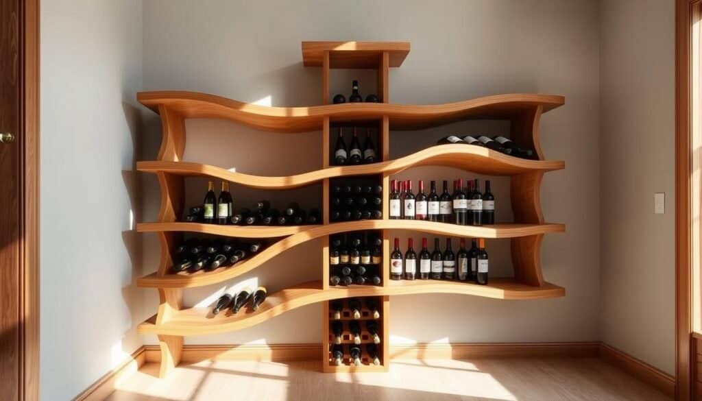 A captivating and functional wine rack, its undulating wooden shelves resembling the gentle sways of ocean waves. Crafted from warm, richly-grained oak, the rack stands elegantly in a sun-dappled corner, its sinuous curves casting playful shadows across the surrounding walls. Thoughtfully designed with both form and function in mind, the rack effortlessly blends aesthetics and utility, inviting visitors to admire its sculptural beauty while easily accessing their favorite vintages. Bathed in soft, diffused lighting that highlights the wood's natural luster, this decorative storage solution seamlessly integrates into the cozy, refined ambiance of the room.