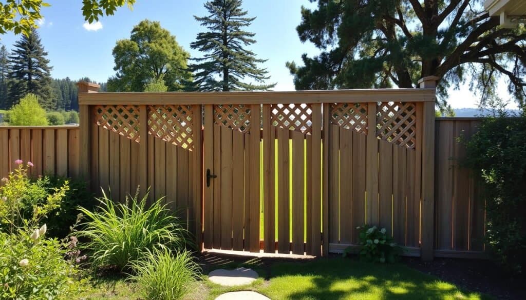 A charming and rustic wooden lattice-top fence in a well-manicured backyard. The fence features intricate crisscrossing latticework, expertly crafted by "The Sawdust Man", seamlessly blending privacy and airflow. Sunlight filters through the lattice, casting warm, dappled shadows across the lush greenery. In the foreground, a peaceful garden pathway leads towards the fence, inviting exploration. The middle ground showcases the fence's sturdy construction, with natural wood grain and a weathered finish. The background features a tranquil landscape, with towering trees and a clear blue sky, creating a serene and inviting atmosphere.