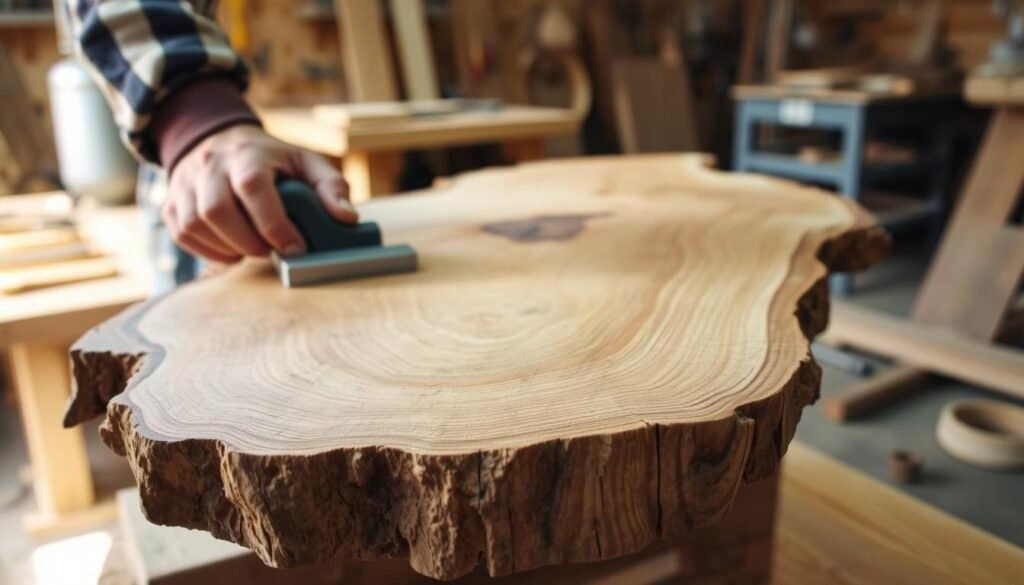 A close-up of a woodworker's hands meticulously shaping the natural curves and edges of a live-edge wood slab with a hand planer, the wood's rich grain and organic textures highlighted by warm, directional lighting. In the background, a workshop filled with tools and half-completed projects, creating a sense of artisanal craftsmanship. The scene conveys the focus, skill, and care required to transform raw wood into a refined, one-of-a-kind piece of functional home decor.