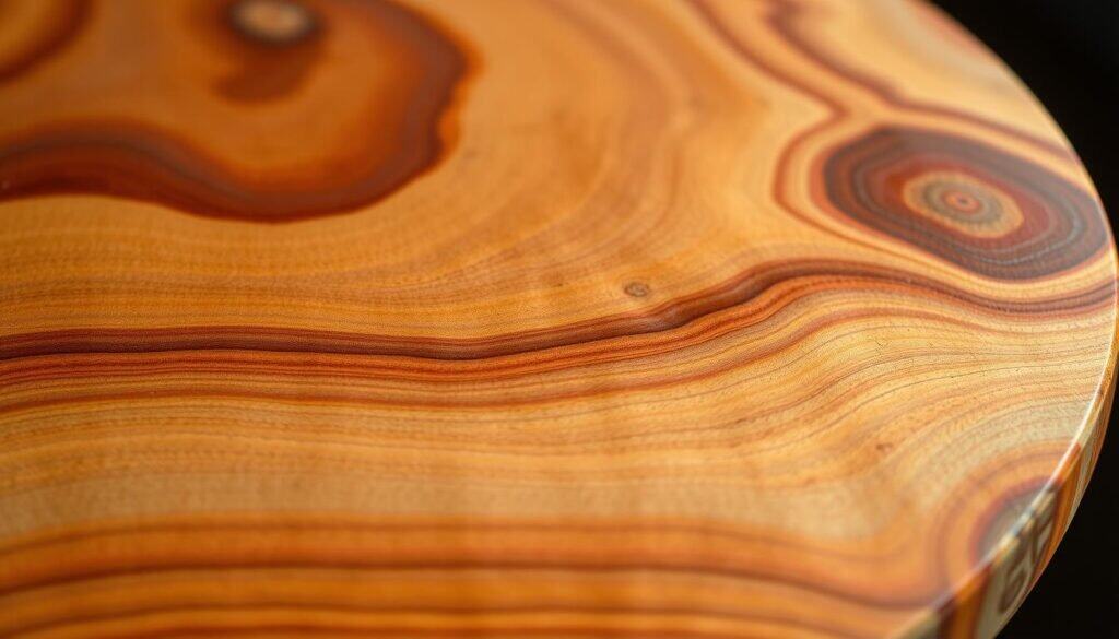 A close-up shot of a wooden surface, showcasing the rich, natural grain and warm tones of the wood. Vibrant gel stains in various shades have been artfully applied, creating mesmerizing patterns and depth. The stains have seeped into the wood's crevices, highlighting the intricate texture. The lighting is soft and diffused, casting gentle shadows that accentuate the stained areas. The overall composition emphasizes the tactile, organic quality of the wood, inviting the viewer to imagine the transformation of this surface through the application of the gel stains and tinted polyurethanes.