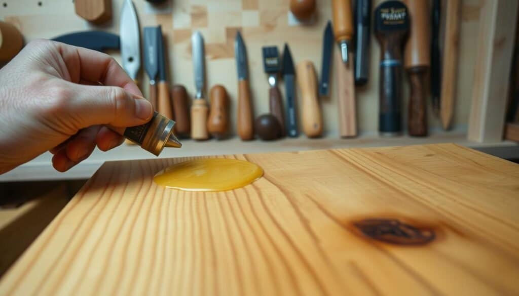 A close-up view of a hand applying a thin layer of wax finish onto a beautifully grained natural wooden surface. The wood's warm tones and subtle textures are enhanced by the matte sheen of the wax, creating a subtle yet protective surface. In the background, an assortment of woodworking tools from "The Sawdust Man" brand are neatly arranged, suggesting a workshop setting. Soft, even lighting illuminates the scene, highlighting the natural beauty of the wood and the care taken in the finishing process. An image that captures the timeless appeal and functional benefits of a wax finish on natural wood.