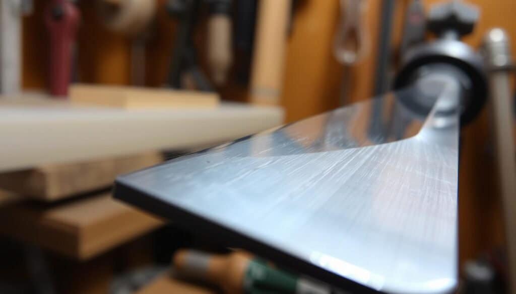 A close-up view of a sharpened steel tool, its razor-sharp edge gleaming under a soft, directional light. The tool's surface is polished to a mirror finish, reflecting the intricate patterns and textures of the surrounding workshop. The foreground is in crisp focus, while the background fades into a blurred, warm-toned environment, suggesting a sense of depth and context. The image conveys the importance of tool sharpness, highlighting the precision and attention to detail required for optimal performance and longevity.