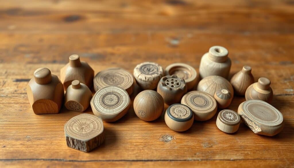 A collection of intricately crafted, small wooden accent pieces arranged on a warm, rustic wooden surface. The pieces feature a variety of textures, grains, and natural tones, ranging from smooth, polished surfaces to weathered, distressed finishes. Soft, diffused lighting from above casts gentle shadows, accentuating the depth and dimension of the wooden forms. The overall composition conveys a sense of balance, harmony, and a subtle, understated elegance that would enhance the ambiance of any living space.