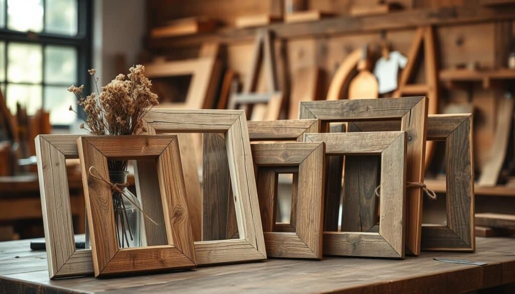 A collection of rustic picture frames made from various types of aged wood, displayed artistically on a wooden workbench. The frames should feature unique textures, such as weathered surfaces, knots, and natural imperfections, enhancing their character. In the foreground, place a couple of frames leaning against a simple vase filled with dried flowers. In the middle, showcase additional frames in varying sizes, with some partially decorated with twine or burlap. The background should include soft, blurred hints of a cozy workshop filled with warm, natural light filtering through a window, casting gentle shadows. The atmosphere is inviting and serene, promoting a sense of calm and creativity in woodworking.
