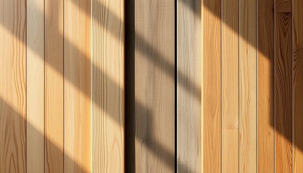 A collection of wood textures showcased in various design styles, captured in a warm, natural light. Smooth oak floorboards, distressed pine beams, and knotty cedar panels interweave to create a harmonious, grounded ambiance. The composition features a balanced arrangement of materials, highlighting the inherent beauty and tactile qualities of the wood. Subtle shadows and highlights accentuate the grain patterns, creating a sense of depth and three-dimensionality. The image evokes a cozy, inviting atmosphere, with the wood textures seamlessly integrated into the overall design.