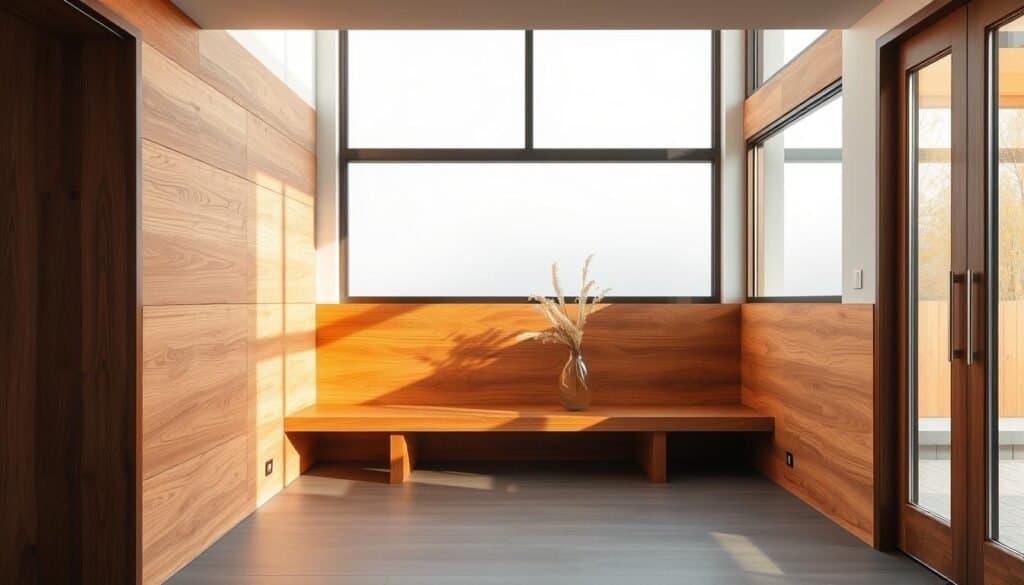 A contemporary entryway showcasing a warm, textural wood bench and wall paneling. Soft, diffused natural lighting from large windows casts a cozy glow, highlighting the wood's rich, rustic grains. Sleek, minimalist design complements the organic material, creating a harmonious, inviting transition space. The wood elements seamlessly blend form and function, drawing the eye inward and evoking a sense of mindful, grounded presence. A vase of fresh flowers or a simple decorative piece adds a touch of refined elegance. The scene exudes a refined, serene atmosphere, inviting one to pause, breathe, and be present upon entering the home.