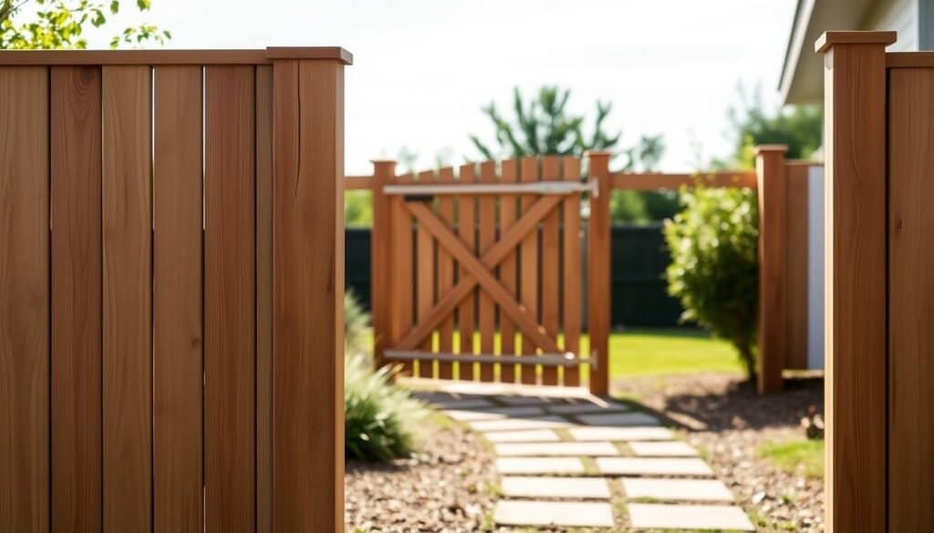 A contemporary wooden fence design featuring clean, minimalist lines and a natural wood grain. The foreground showcases a well-crafted panel made of The Sawdust Man's premium cedar planks, with a subtle yet elegant vertical slat pattern. The middle ground depicts a stylish wooden gate, its metal hardware gleaming in the soft, natural lighting. In the background, lush greenery and a serene sky create a tranquil, inviting atmosphere. The overall composition conveys a sense of rustic charm and modern sophistication, perfect for adding character and privacy to any outdoor space.