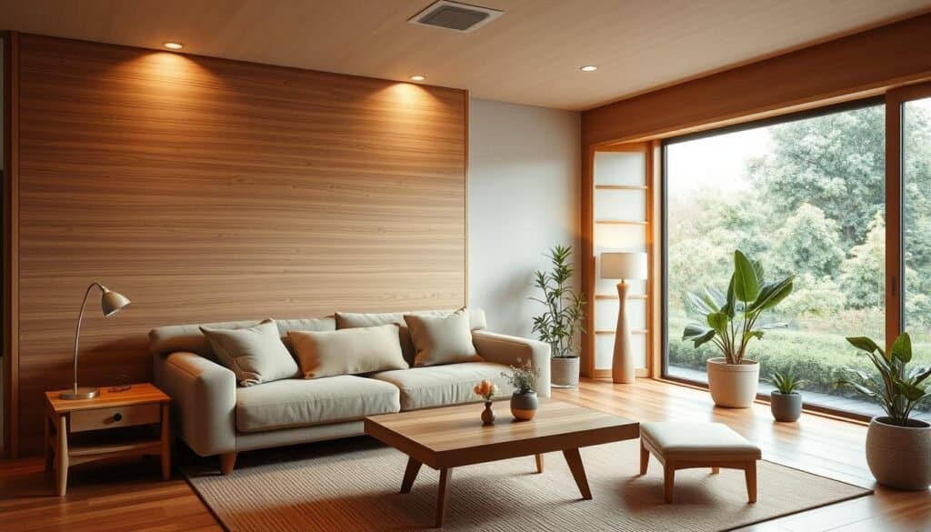 A cozy Japanese-inspired living room with warm Scandinavian touches. A sleek, minimal wood-paneled accent wall frames a low-profile sofa with plush, earthy-toned cushions. Mid-century modern wooden side tables and a square coffee table with a minimalist wood-and-glass design create a harmonious, natural aesthetic. Soft, diffused lighting from concealed sources casts a gentle glow, while a large, expansive window offers a serene garden view. Potted plants and a small vase of fresh flowers add pops of greenery, complementing the rich wood tones throughout the space.