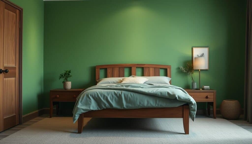 A cozy and calming bedroom with lush green walls, accented by a beautiful wooden bedframe and nightstands. Soft ambient lighting illuminates the space, creating a serene and inviting atmosphere. The wooden elements add warmth and texture, seamlessly blending with the soothing green palette. The scene is captured through a medium-wide angle lens, showcasing the harmonious interplay of colors and materials. Minimal yet carefully curated decor, such as a potted plant and subtle artwork, complete the tranquil and harmonious aesthetic.
