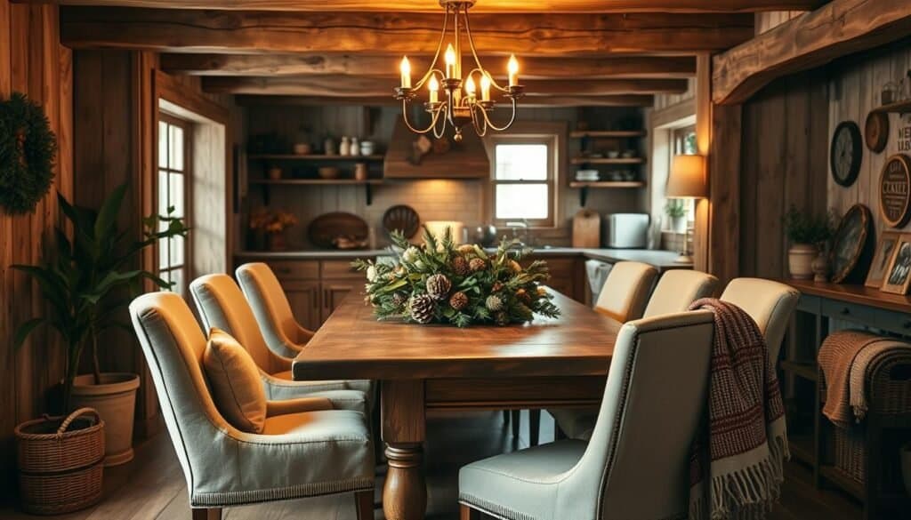 A cozy and intimate dining space nestled within a warm, rustic kitchen. A wooden farmhouse-style table is adorned with a lush, seasonal centerpiece of fresh greenery, pinecones, and soft warm lighting. Plush linen-upholstered chairs surround the table, inviting guests to linger and savor each moment. The space is bathed in a soft, golden glow from a chandelier overhead, casting a gentle ambiance. The kitchen's exposed beams, weathered wood paneling, and vintage accents create a charming, lived-in feel. Potted plants and woven baskets add natural textures, while cozy throws and pillows on the chairs complete the intimate, cozy atmosphere.