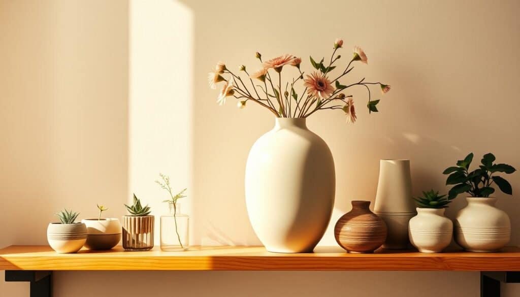 A cozy and inviting CB2 vase, elegantly displayed on a wooden shelf with carefully arranged flowers and foliage. The vase, with its smooth and minimalist design, takes center stage, bathed in warm, natural lighting that casts a gentle glow. Surrounding the vase, small potted plants and artisanal ceramic pieces add depth and texture, creating a harmonious and visually appealing tableau. The overall atmosphere is one of refined simplicity, reflecting the beauty and craftsmanship of handmade home decor elements.