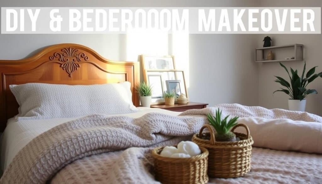 A cozy and inviting DIY bedroom makeover, featuring a warm wooden headboard with intricate carving details, plush textured bedding in neutral tones, and a mix of natural textures like woven baskets and potted plants. The lighting is soft and ambient, creating a serene and relaxing atmosphere. In the background, a minimalist bookshelf or wall shelf displays a few decorative items, while the overall composition emphasizes simplicity and a focus on natural, organic elements. The image captures the essence of a budget-friendly, yet stylish bedroom transformation.